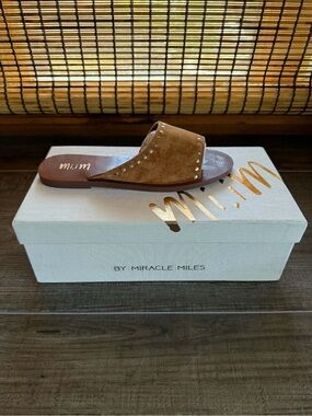 Miracle Miles Brown Suede Slide Sandal with Stud Detail - New - Multiple Sizes
